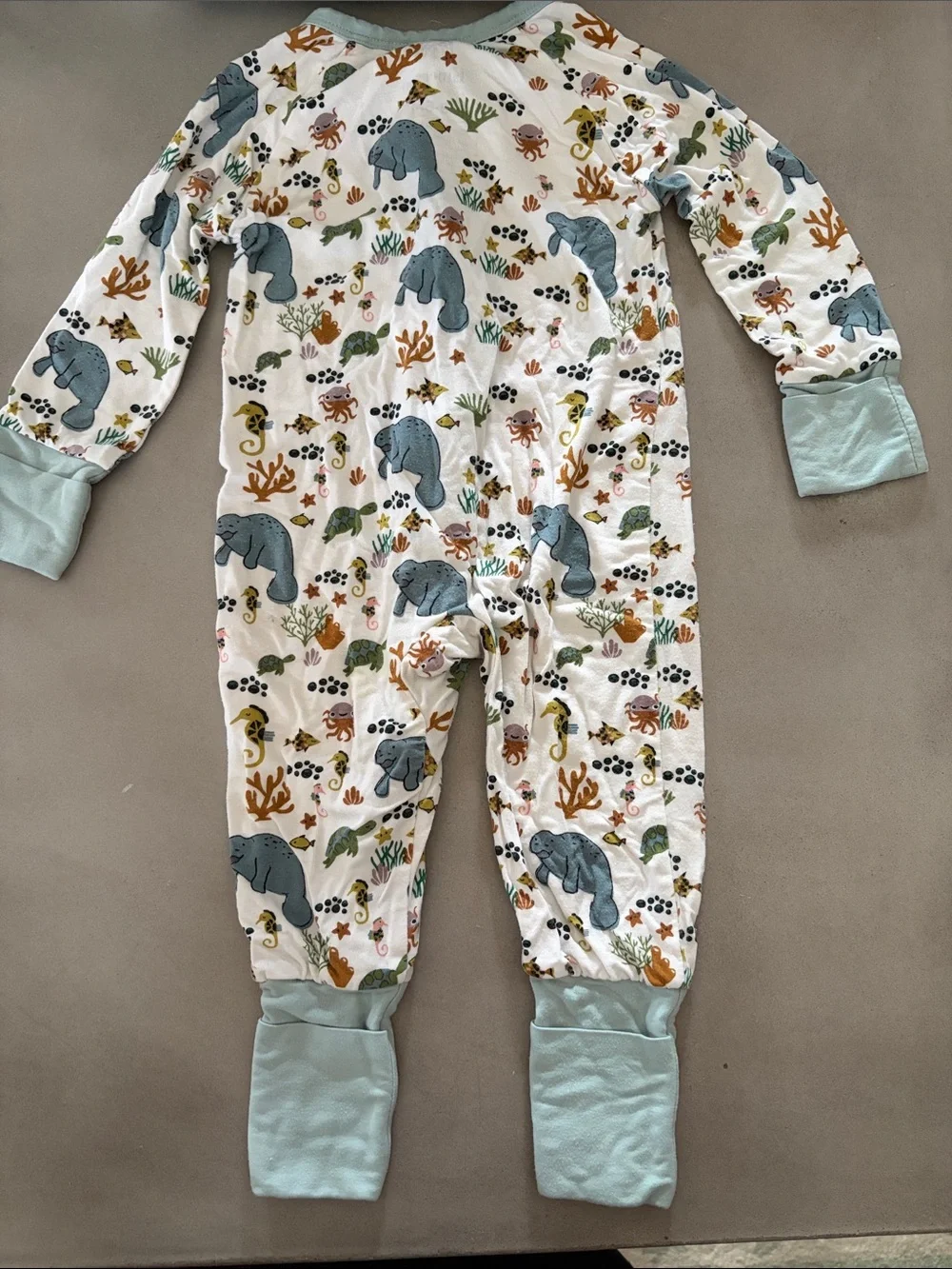 Unbranded Light Blue Trim Kids Footed Pajamas with Ocean Animal Print